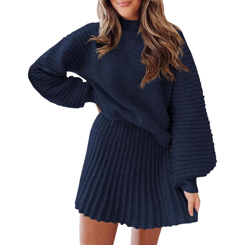 Women's 2 Piece Outfits 2025 Long Sleeve Mock Neck Ribbed Sweaters And Mini Skirt Two Piece Sets