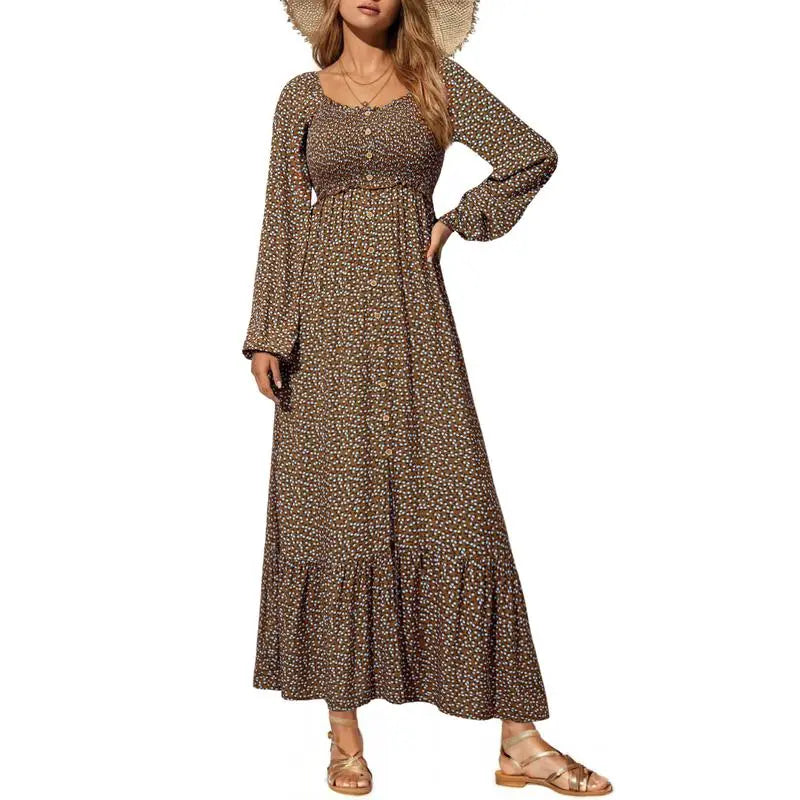 Women’s Long Sleeve Boho Dress – Square Neck & Button Detail