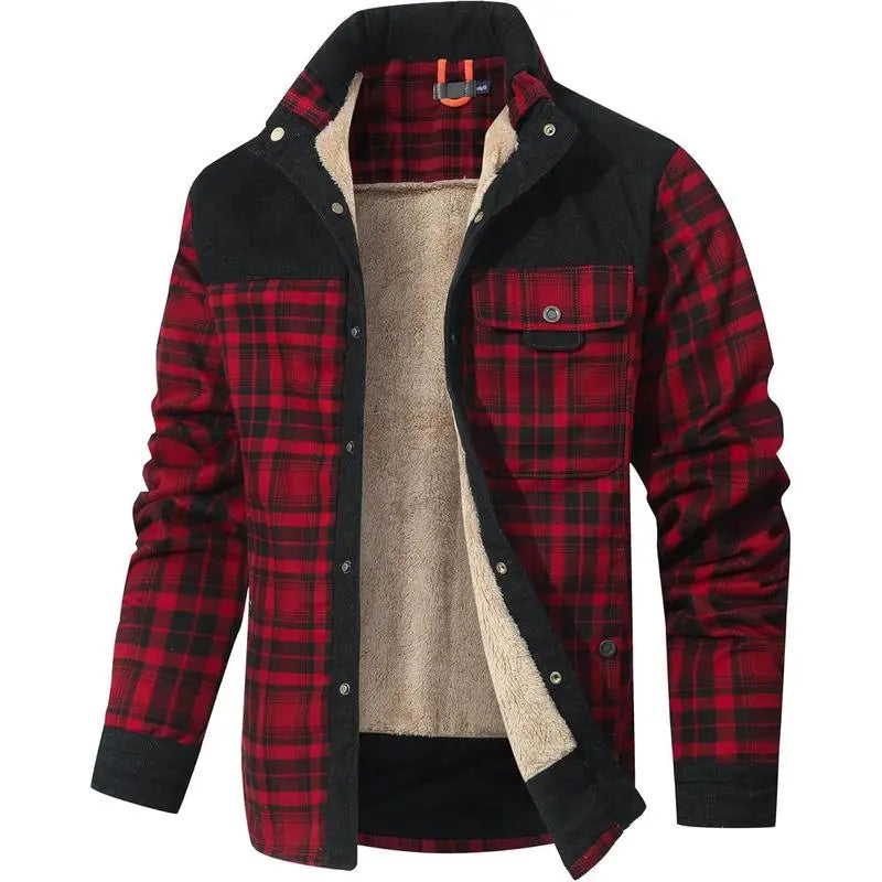 Men's Corduroy Plaid Sherpa Lined Flannel Shirt Jacket Fleece Coat