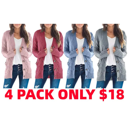 Women's Fall Casual Long Sleeve Button Down Open Front Cable Knit Cardigan