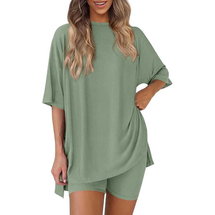 Women's Casual Oversized Crewneck Split Hem Shirts & Side Pocket Shorts Set