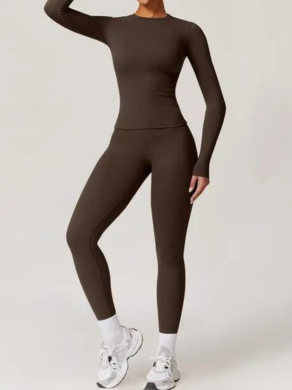 Women’s Two-Piece Patchwork Yoga Set – High Elastic Slim Fit Long Sleeve Top & Tight Pants