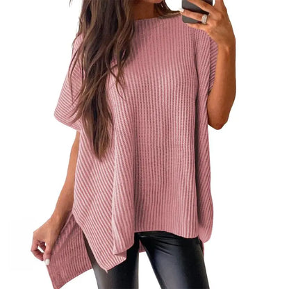 Women’s Oversized Knit Top – Casual Crew Neck Short Sleeve Sweater with Side Slit