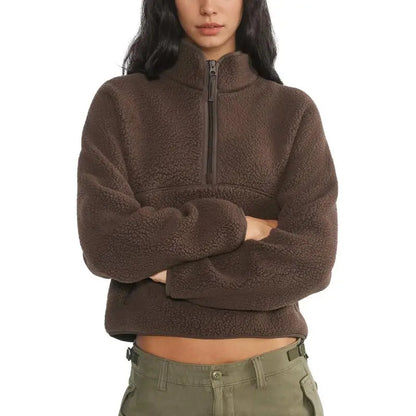 Women’s Fleece Cropped Pullover – Half Zip Sherpa Jacket with Pockets