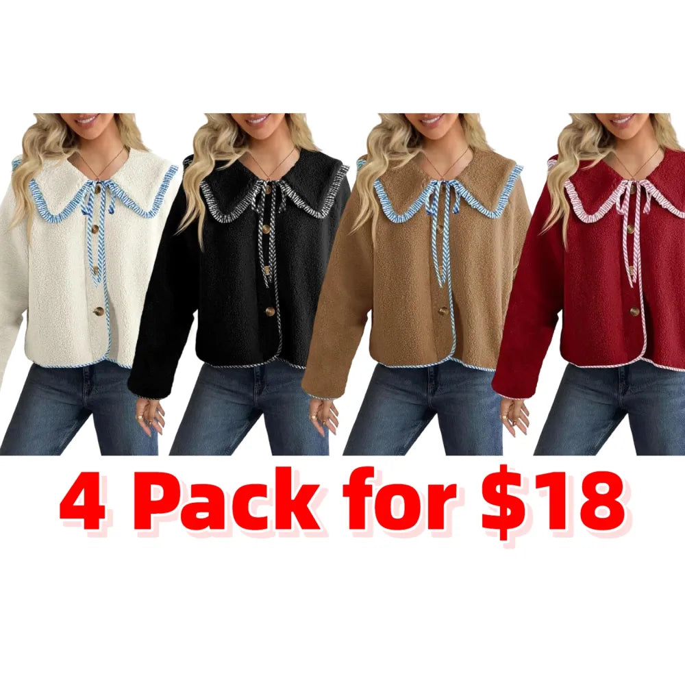 Womens Fuzzy Fleece Jacket Peter Pan Collar Button Down Fall Winter Sherpa Coats