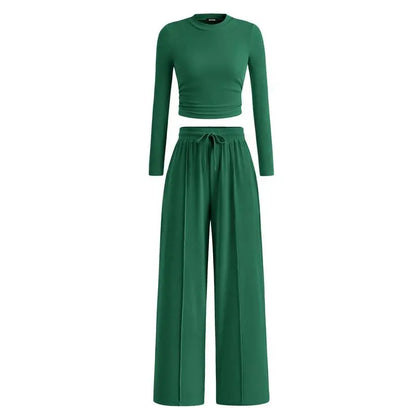 ✨2-Piece Ribbed Knit Long Sleeve Crop Top Wide Leg Pants Lounge Set🔥