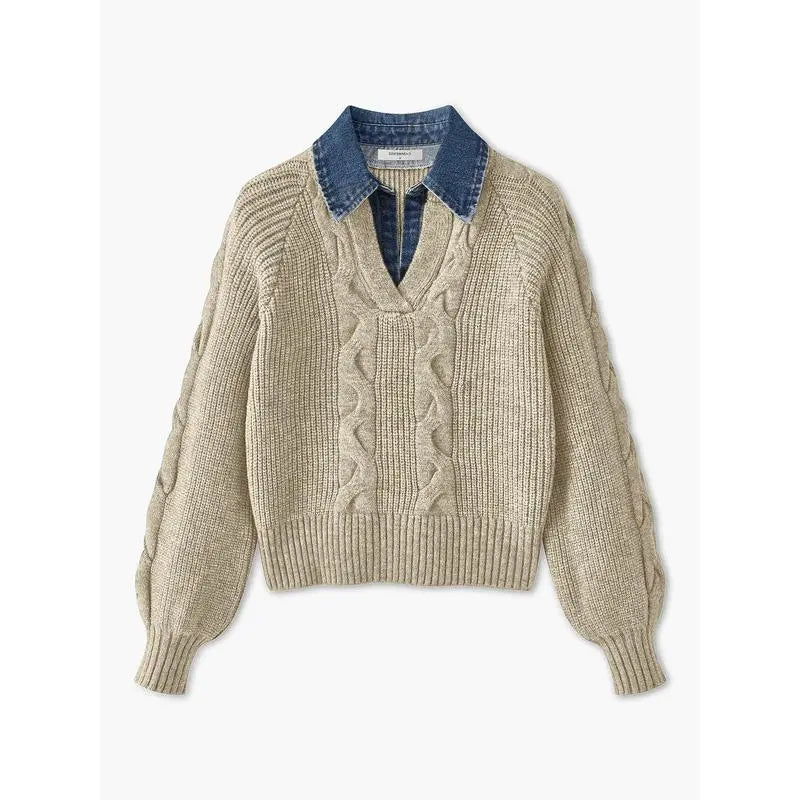 Denim Panel Ribbed Lapel Sweater