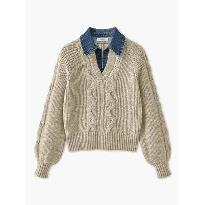 Denim Panel Ribbed Lapel Sweater