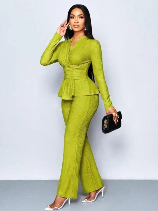 Women's Elegant V Neck Long Sleeve T-Shirt And Wide Leg Pants Two Piece Set