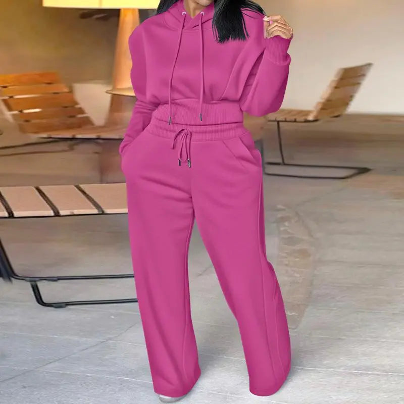 Hooded Long Sleeve Sweatshirt and Casual Wide Leg Sweatpants Set