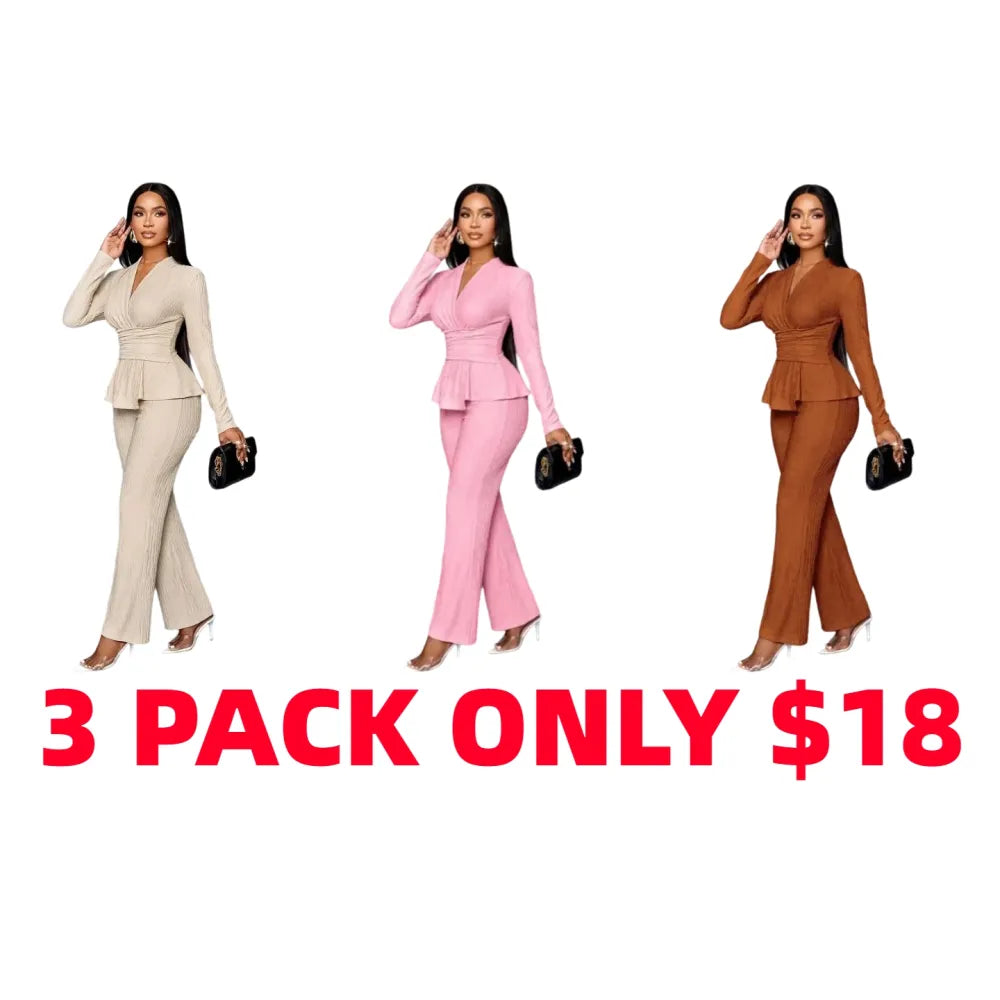 Women's Elegant V Neck Long Sleeve T-Shirt And Wide Leg Pants Two Piece Set
