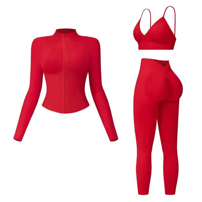Women's tank top, high-waisted leggings, and zip-up jacket 3-piece sportswear set.