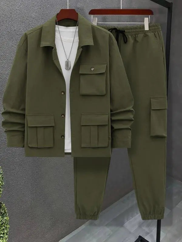 Men's Solid Color Pocket Button Front Shirt & Pants Two-Piece Set
