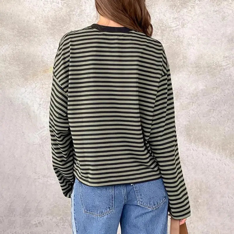 Women Long Sleeve Crew Neck Loose Striped T Shirt