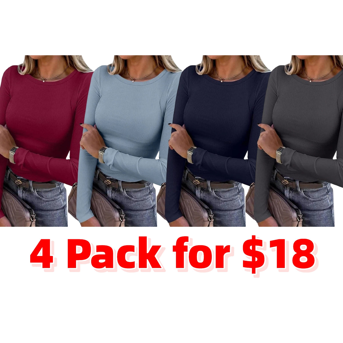 Women Long Sleeve Crewneck Rib Knit Slim Fit Shirts