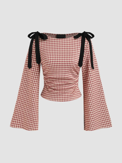 Boat Neck Gingham Bowknot Ruched Long Sleeve Top