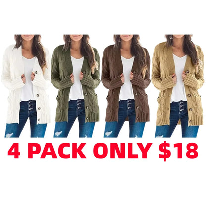 Women's Fall Casual Long Sleeve Button Down Open Front Cable Knit Cardigan