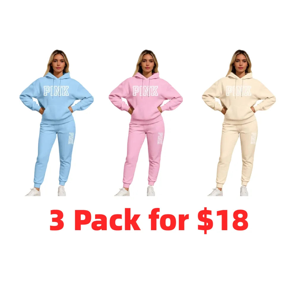 Women's Pink Print Hoodie And Drawstring Track Pants Set