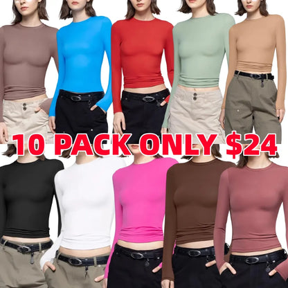Long Sleeve Basic Tee Women's Crew Neck Slim Fit Tops Streetwear Minimalist Double Layer Compression Tee