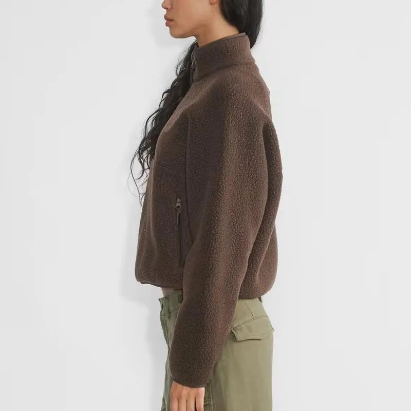 Women’s Fleece Cropped Pullover – Half Zip Sherpa Jacket with Pockets