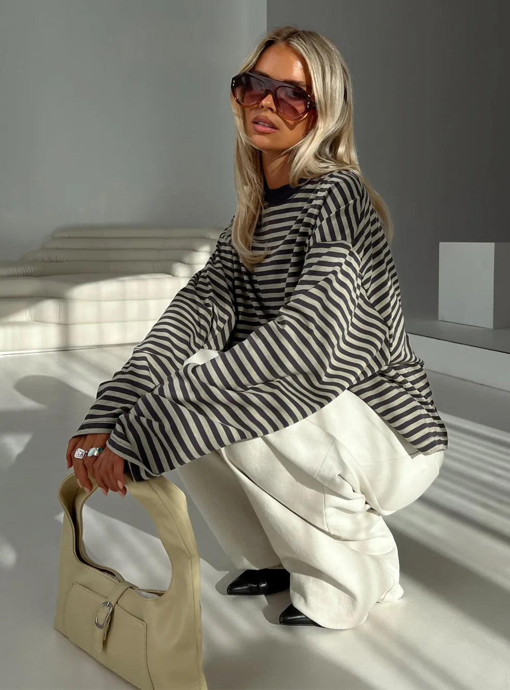 Women Long Sleeve Crew Neck Loose Striped T Shirt