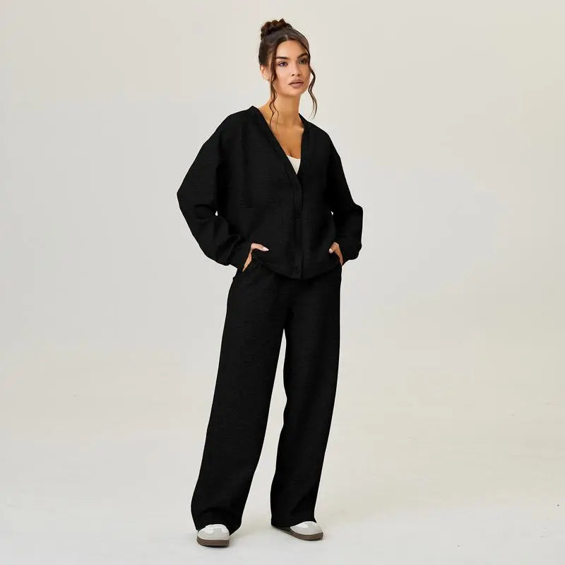 Women's Slouchy Solid Color V Neck Long Sleeve Button Cardigan & Drawstring Waist Trousers Co-ord