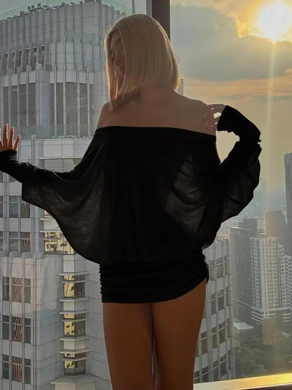 Women's Sheer Ruched Party Dress, Off-The-Shoulder Long Sleeve Women's Mini Dress for Spring & Fall