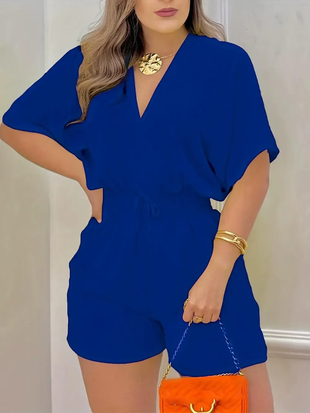 Women's Plain Drawstring Shirred Waist V Neck Romper