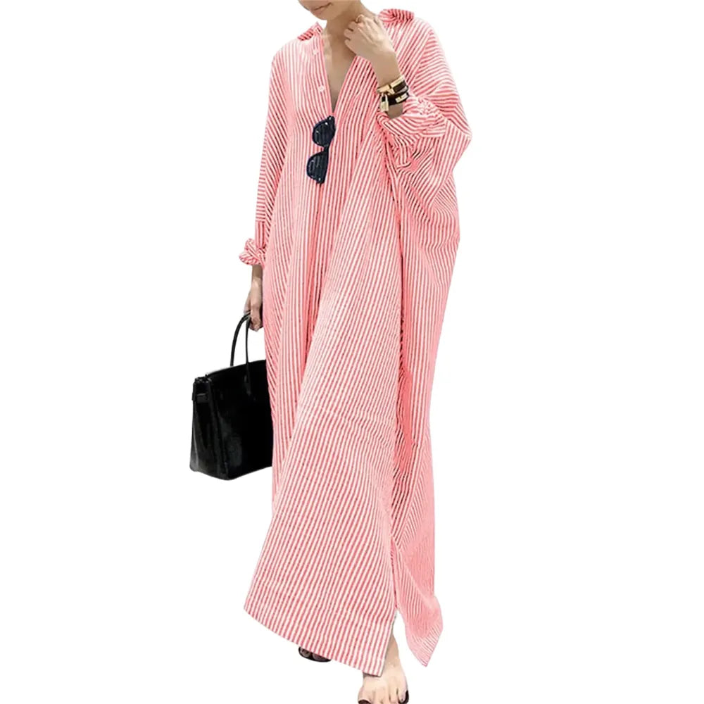 Women's Casual Long Sleeve Button Down Loose Striped Cotton Maxi Shirt Dress
