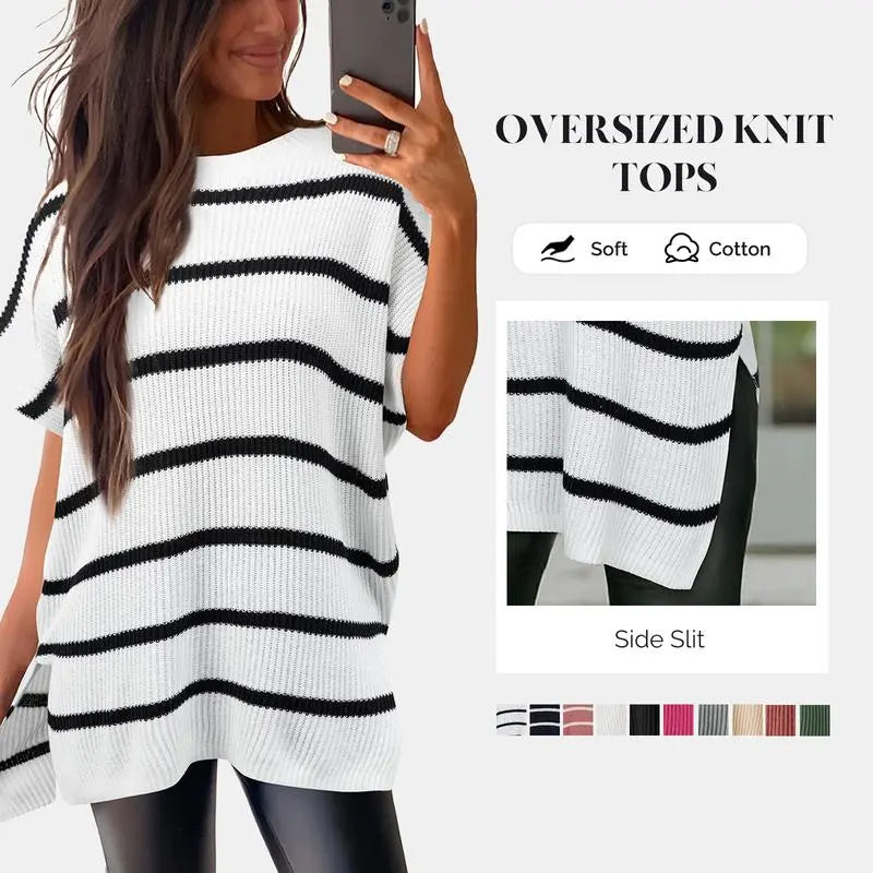 Women’s Oversized Knit Top – Casual Crew Neck Short Sleeve Sweater with Side Slit