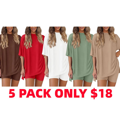 Women's Casual Oversized Crewneck Split Hem Shirts & Side Pocket Shorts Set