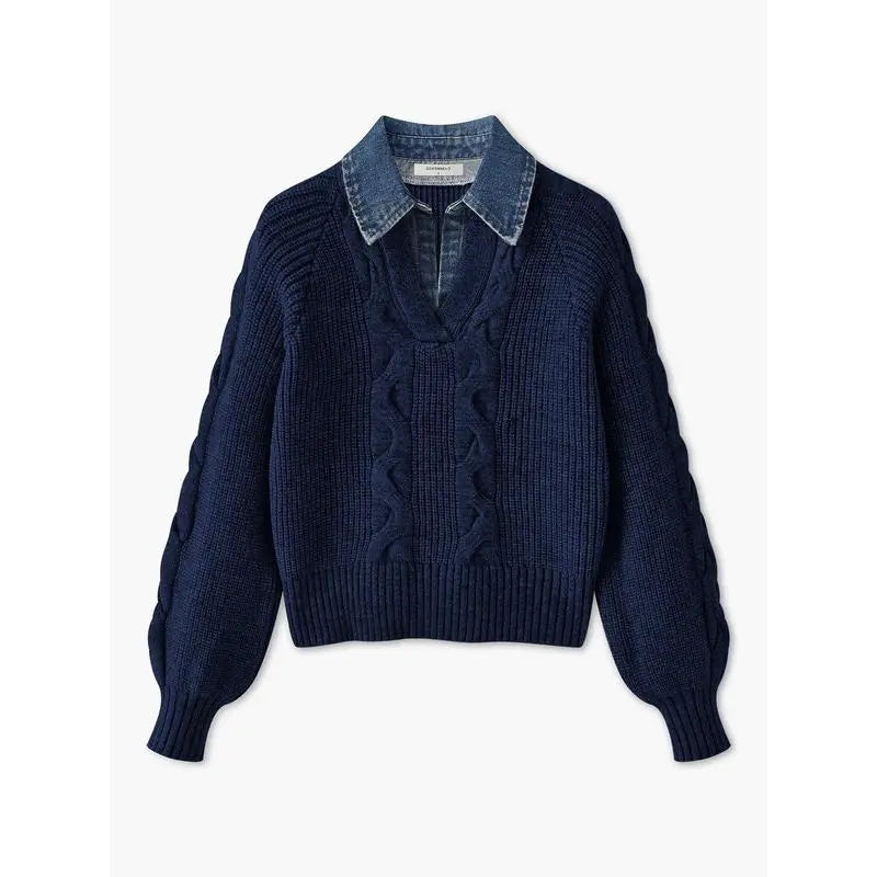 Denim Panel Ribbed Lapel Sweater