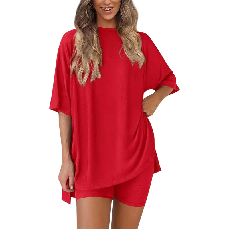 Women's Casual Oversized Crewneck Split Hem Shirts & Side Pocket Shorts Set