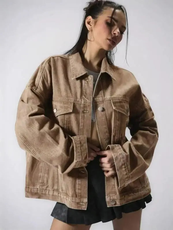 Women's Plain Button Front Drop Shoulder Denim Coat