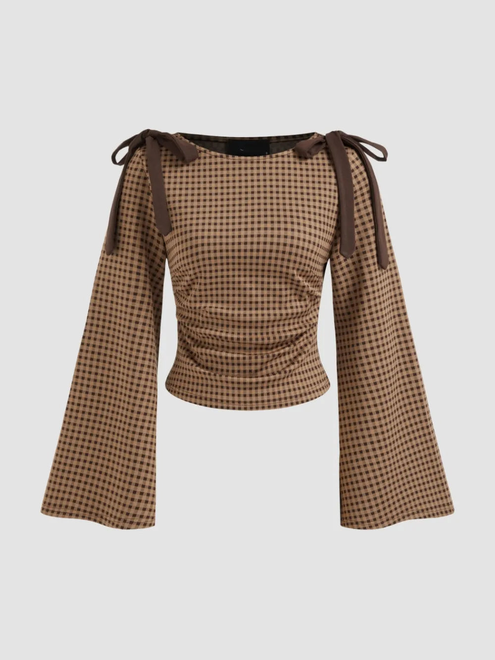 Boat Neck Gingham Bowknot Ruched Long Sleeve Top