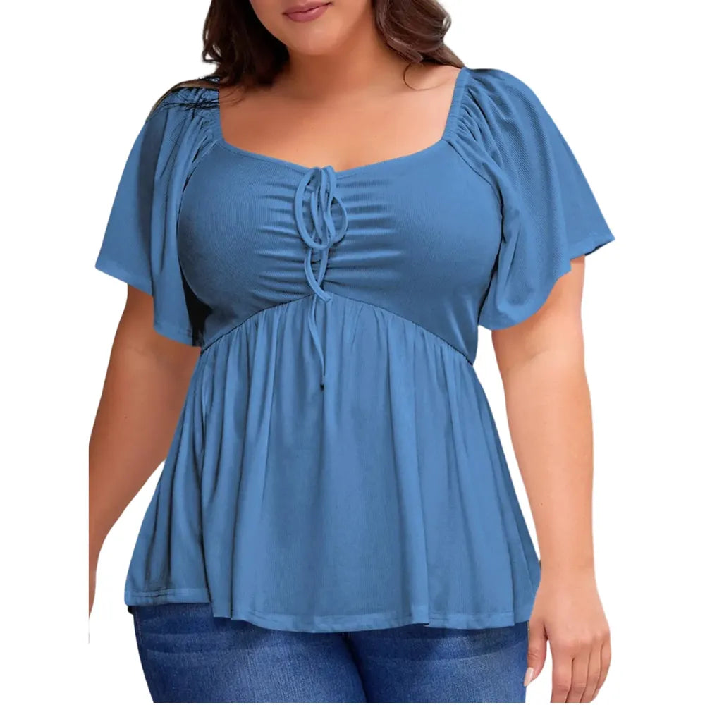 Women's Large-Sized Heart-Shaped Collar Short-Sleeved Ruffled Blouse