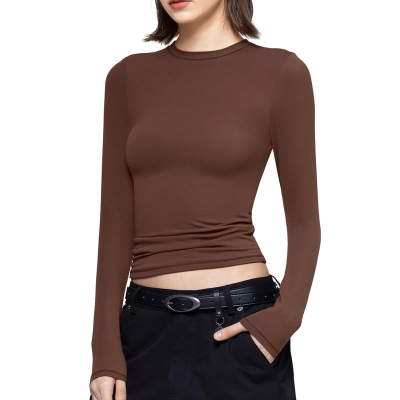 Long Sleeve Basic Tee Women's Crew Neck Slim Fit Tops Streetwear Minimalist Double Layer Compression Tee