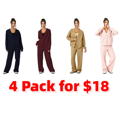 Women's Slouchy Solid Color V Neck Long Sleeve Button Cardigan & Drawstring Waist Trousers Co-ord