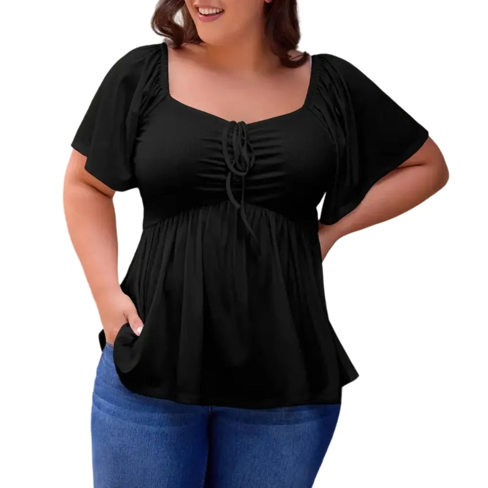 Women's Large-Sized Heart-Shaped Collar Short-Sleeved Ruffled Blouse