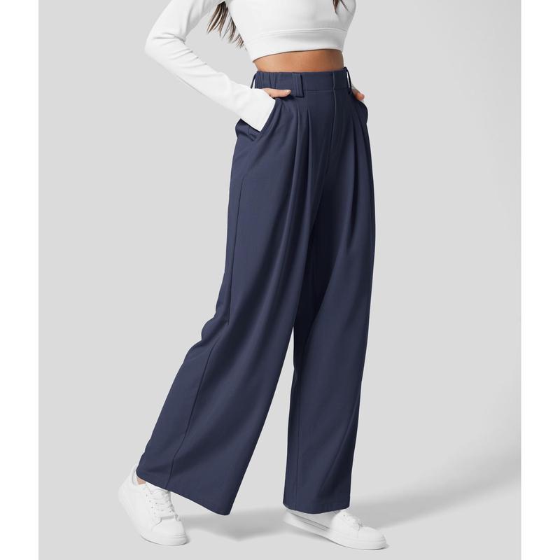 High Waisted Plicated Side Pocket Wide Waffle Work Pants
