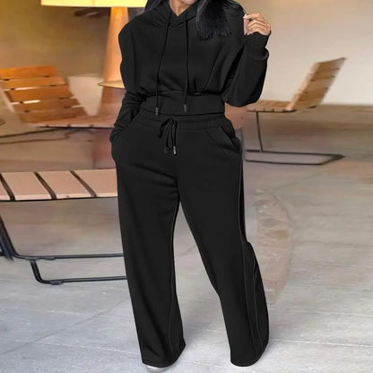 Hooded Long Sleeve Sweatshirt and Casual Wide Leg Sweatpants Set