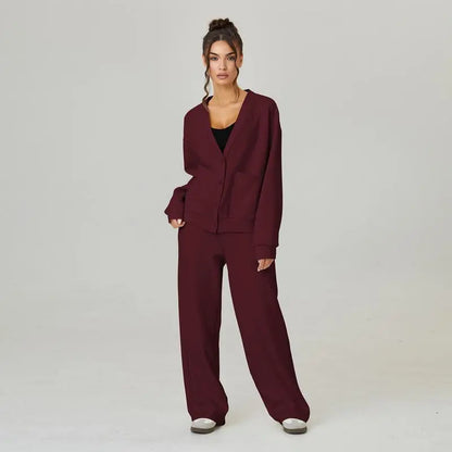 Women's Slouchy Solid Color V Neck Long Sleeve Button Cardigan & Drawstring Waist Trousers Co-ord