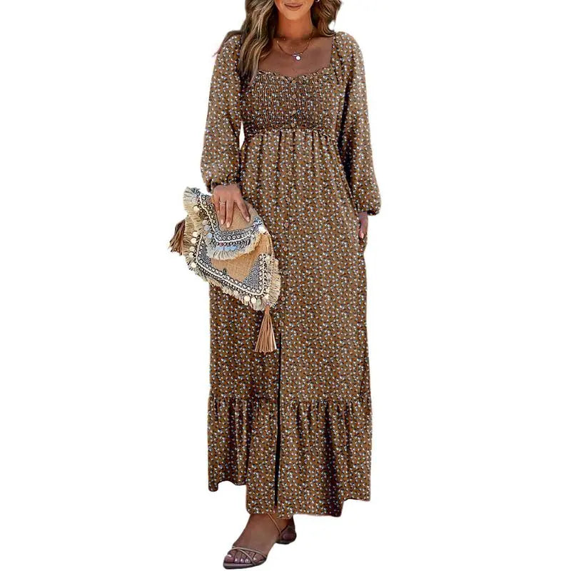 Women’s Long Sleeve Boho Dress – Square Neck & Button Detail