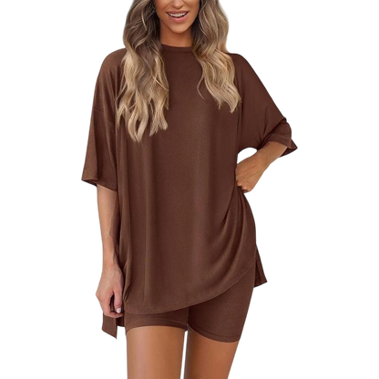 Women's Casual Oversized Crewneck Split Hem Shirts & Side Pocket Shorts Set