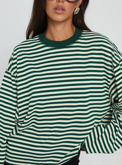 Women Long Sleeve Crew Neck Loose Striped T Shirt
