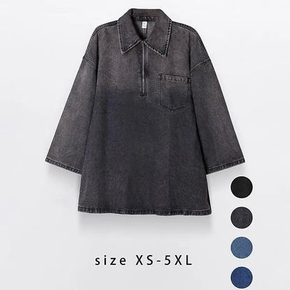 Women's Denim Dress Half-Zip Collared Vintage Washed Blue Loose Fit Long Sleeve