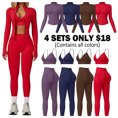 Women's tank top, high-waisted leggings, and zip-up jacket 3-piece sportswear set.