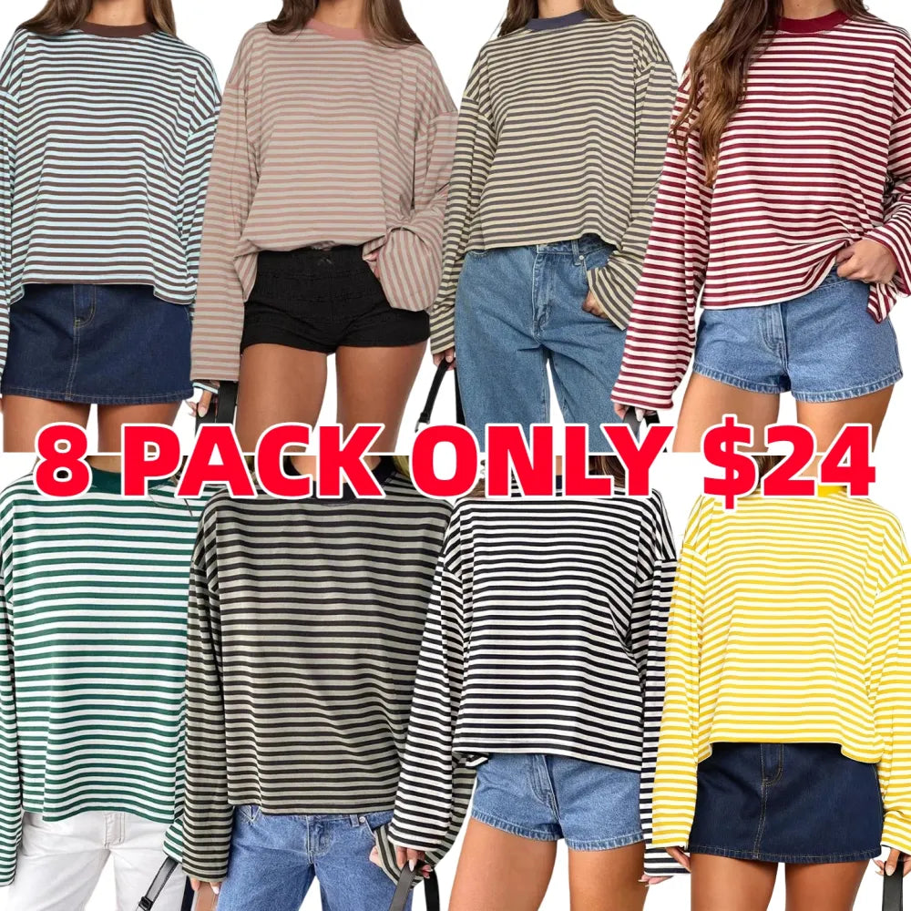 Women Long Sleeve Crew Neck Loose Striped T Shirt