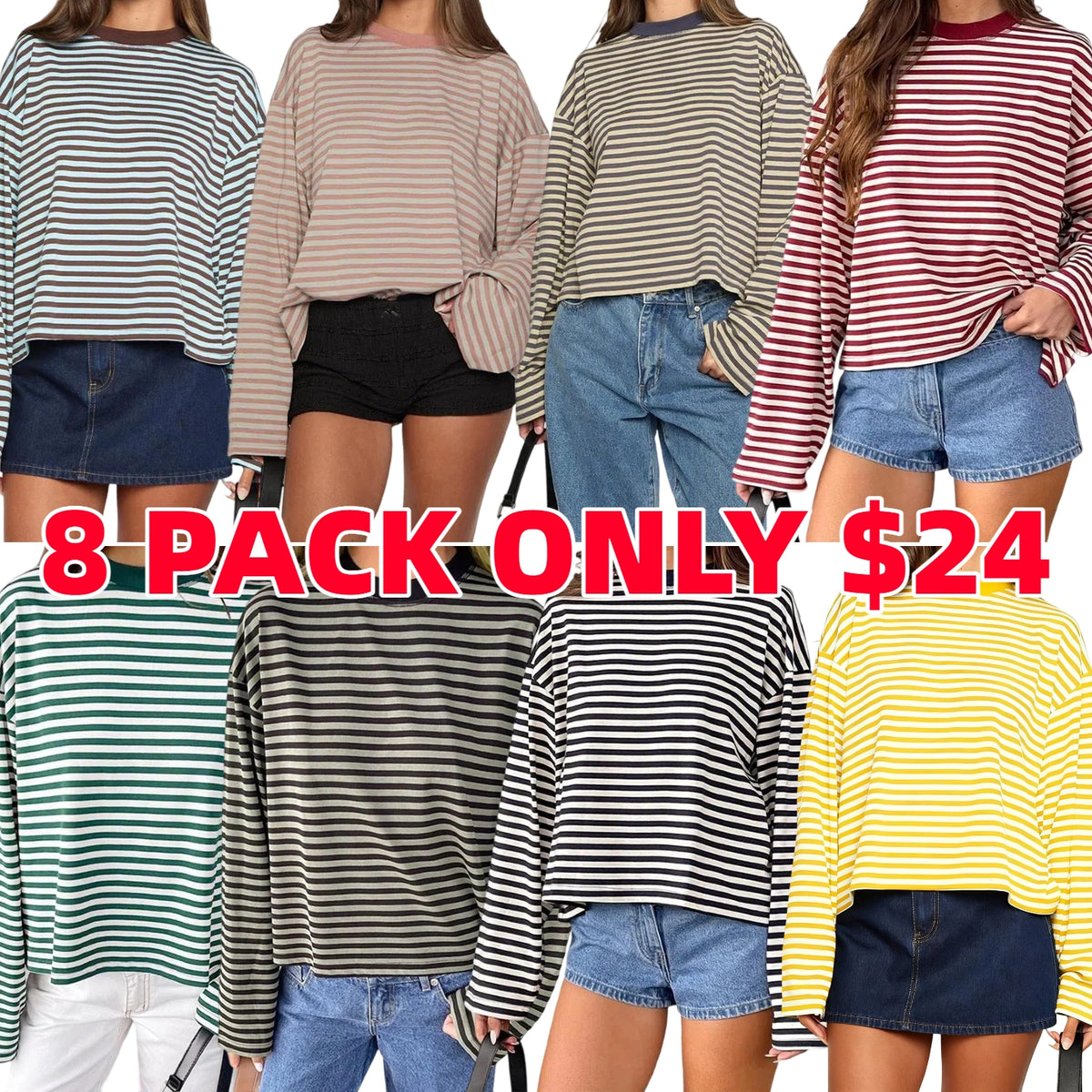 Women Long Sleeve Crew Neck Loose Striped T Shirt