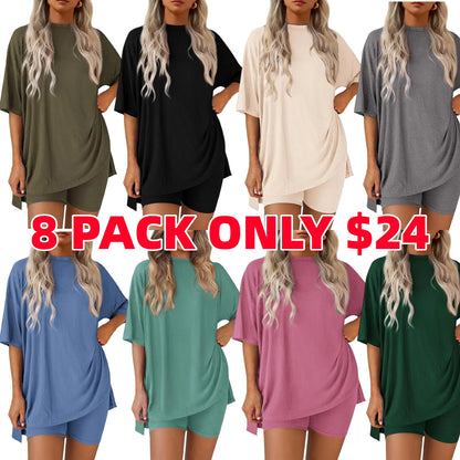 Women's Casual Oversized Crewneck Split Hem Shirts & Side Pocket Shorts Set